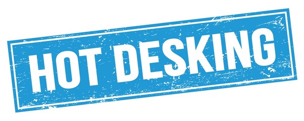 HOT DESKING text on blue grungy rectangle stamp.