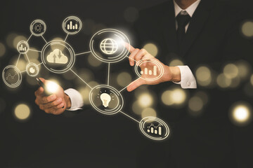 Businessman touchscreen on the graph Screen Icon of a media screen, Technology Process System...