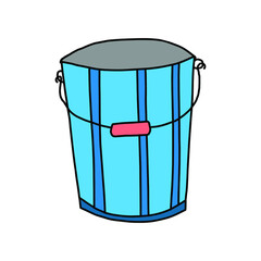 Sketch of a cute blue bucket with stripes. Vector hand drawn element for design. Garden tool for irrigation.