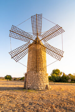 Old restored windmill in the rural area of Majorca island, Spain.  Majorca countryside