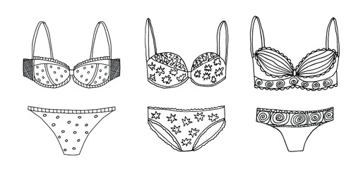 Set of female swimsuits. Vector elements for design. Outlines doodle illustration.