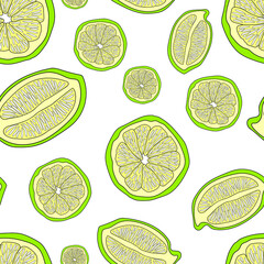 Lime slices on a white background. Vector seamless pattern. Design for fabric, card, print, wrapping.