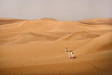 Fototapeta na wymiar Lone impala in the Arabian desert at sunrise 