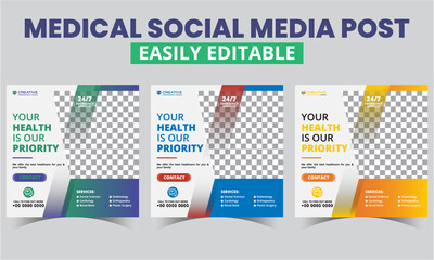 Medical social media post design Vector editable templates. Modern geometrical shapes composition square Promo Social Media Healthcare Post Layouts Timeline Web Banner & Poster with photo collage.