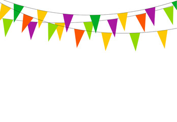 Fototapeta na wymiar Colorful party pennants chain, garland with flags, Holiday background with hanging colorful flags, Vector illustration isolated on blue background