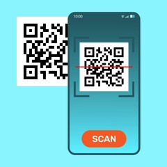 The app on your phone scans the QR code.  Vector illustration.