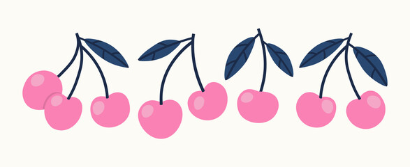 Vector illustration of pink cherries on a beige background. Vegan food illustration.