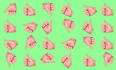 A pattern with a hand that shows the like gesture on a mint background.