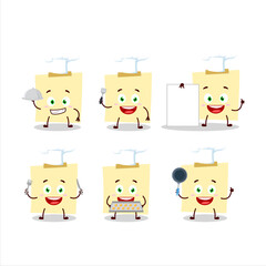 Cartoon character of pale yellow sticky notes with various chef emoticons