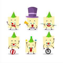 Cartoon character of pale yellow sticky notes with various circus shows