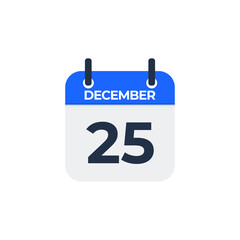 Flat vector calendar icon with the date 25th december.