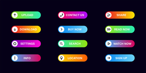 Fototapeta na wymiar Gradient buttons for website or app interface. Internet shop menu. Big set of navigation buttons. Vector illustration