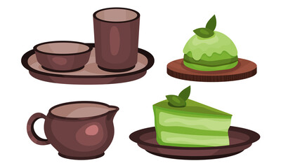 Cups and Desserts for Matcha Tea Ceremony Vector Set