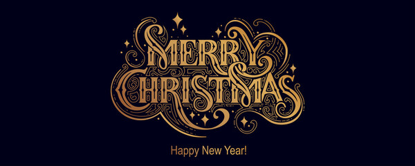 Merry Christmas and Happy New Year Vintage background with typography. Drawn by hands. Vector image.