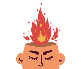 Vector illustration of anger, fury, annoyance. Burnout, stress, emotional problem abstract concept. Burning brain. Aflame mind. Angry man or woman. Human head and fire flame from above. Mental illness