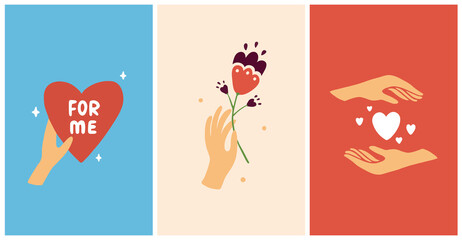 Set of abstract vectors with heart shapes. Female hand holding flower. Self care, love yourself, acceptance concept. Hand drawn illustrations for cosmetics or beauty products, poster, postcard, banner