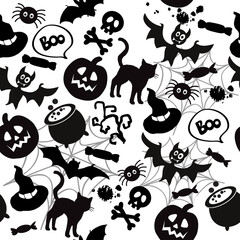 Vector illustration with items for Halloween. Bat, pumpkin, cat and skull seamless pattern