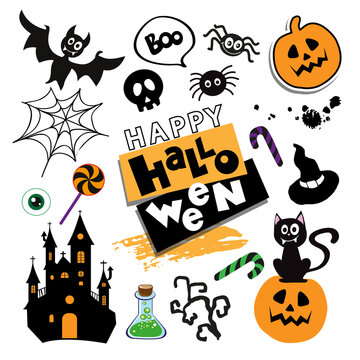 Set with funny elements for the Halloween. Vector illustration with bat, pumpkin, castle and spider