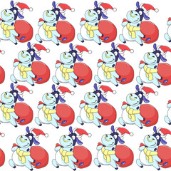 Cheerful cartoon santa cow carries a bag of gifts isolated seamless pattern. Chinese symbol of 2021