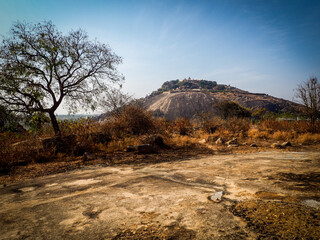 Beautiful scenery view to temples of holy city Shravanabelagola, Karnataka, India.