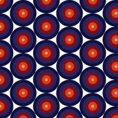 Blue, red, orange and white circle seamless pattern isolated on white background.