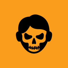 Feliz Halloween. Día de los muertos. Disfraz de zombi. Cabeza de hombre joven con máscara de calavera en fondo naranja