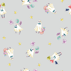 おばけがハッピーな夜の街でパーティを楽しむ柄
