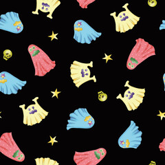 おばけがハッピーな夜の街でパーティを楽しむ柄
