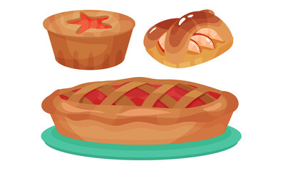 Desserts with Apple Like Charlotte and Bun Vector Set