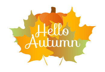 Hello autumn quote with orange maple leafes and pumpkin