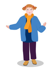 Vector illustration of a girl in autumn clothes Isolated on white background. Child character in trending flat cartoon style