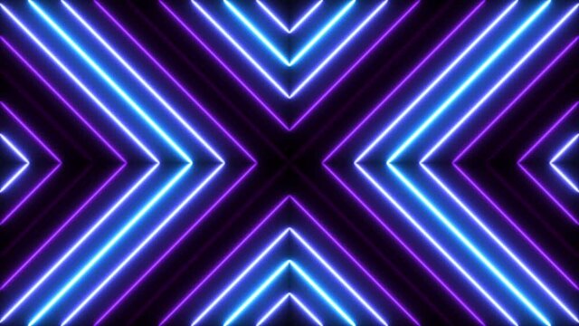 Abstract technology background with bright neon lights. Bright geometric pattern cross shape for party illumination. Seamless loop.
