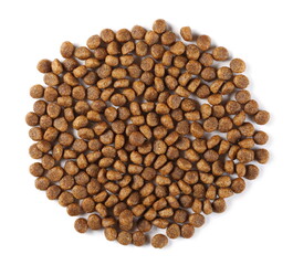 Dog food, dry granules arranged in circle isolated on white background, top view