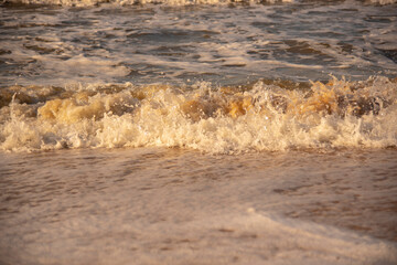 Dirty sea foam rolls with a wave on the beach.
