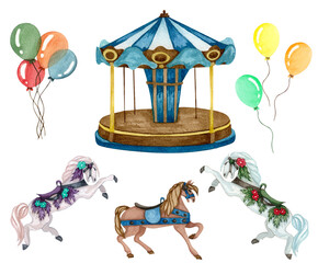 Watercolor Old carousel illustration. Christmas Market. Hand drawn round attraction in blue color. Winter Fair. © BarvArt