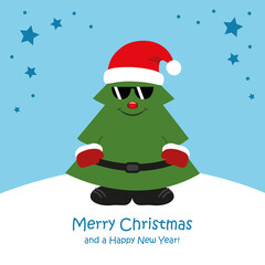 cute christmas tree with sunglasses cartoon vector illustration EPS10