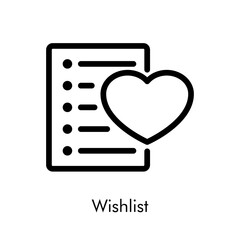 Concepto ecommerce. Icono lineal con texto Wishlist con formulario con corazón en color negro