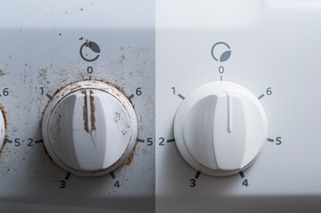 Electric hob switch knob before and after detailed cleaning