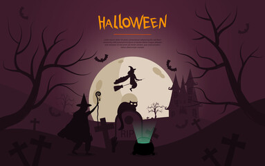 Spooky Halloween design with flying witch, bats, ghosts, ghouls and haunted house on a midnight background, colored vector illustration