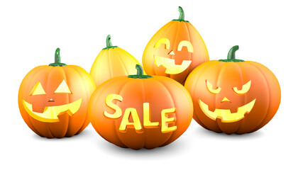pumpkin with  smile an angry face and SALE. Halloween. Isolated on white background. 3d render