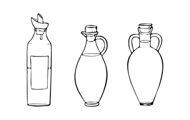 glass oil bottles with stoppers, olive,coconut, sunflower, sesame, hemp and other oils.vector illustrations for food packaging design, cosmetics, restaurant menus, postcards