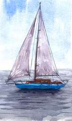 Watercolor illustration, hand drawn sailboat. Art print yacht sails, blue sky and grey water.