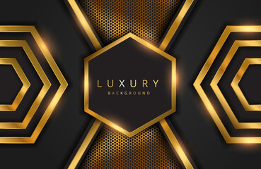 Realistic 3d background with shiny gold geometric shape. Vector golden geometry shape on black surface Graphic design element. Luxurious Elegant template