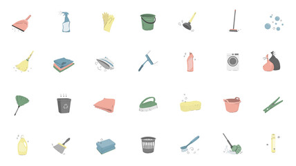 Cleaning service illustrations set. Laundry and dry cleaning, cleaning products and household appliances. For design icons