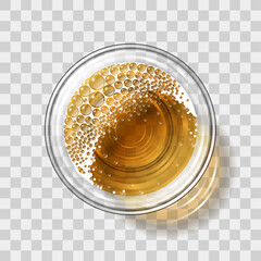 A glass with beer on a transparent background. Top view. Transparent glass with a drink. View from above.