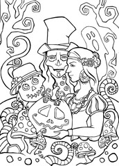 Line art for coloring. Halloween illustration with different characters