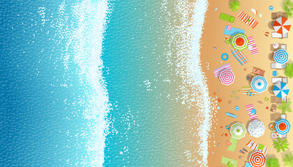 Fototapeta na wymiar Sunny beach view from above. Summertime - sea, sand, umbrellas, towels, chairs, sunbeds, palm, clothes, objects. (Top view)