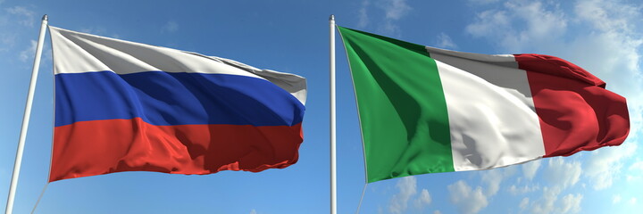 Flying flags of Russia and Italy on high flagpoles. 3d rendering