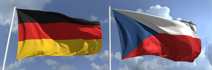 Waving flags of Germany and the Czech Republic on flagpoles, 3d rendering