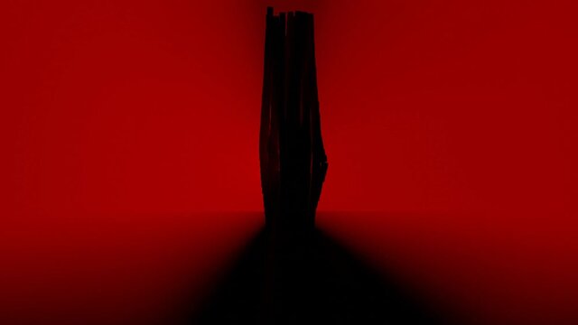 Red illuminated light rays silhouetting a pillar of falling blocks. Symbolises upcoming doom political or financial failure or unrest.